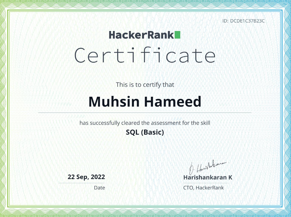 Hackerrank SQL Beginner Certificate